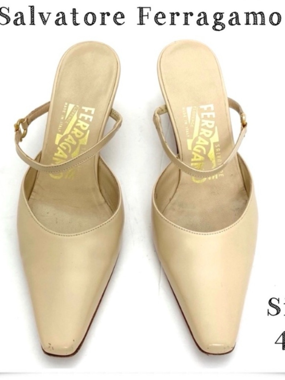 SALVATORE Ferragamo VTG Pointed Toe Slip on Heel Mule Cream Nude Beige Size 4.5